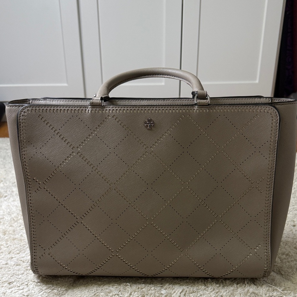 Tory Burch Robinson Crosshatch Tote Shoulder Bag Taupe